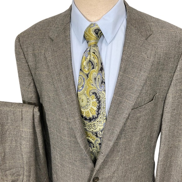 Joseph Abboud Suit Men 42X 36W 35.5L Gray Yellow Plaid Flannel Heritage Wool VTG